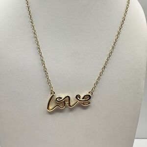 Vintage Y2K Love Script Pendant Necklace Gold Tone Statement Charm Jewelry 90s